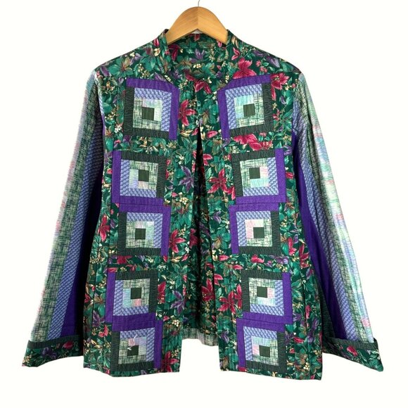 Handmade Quilted Patchwork Barn Jacket Green Purple Floral Log Cabin Size XL/1X - Picture 2 of 7
